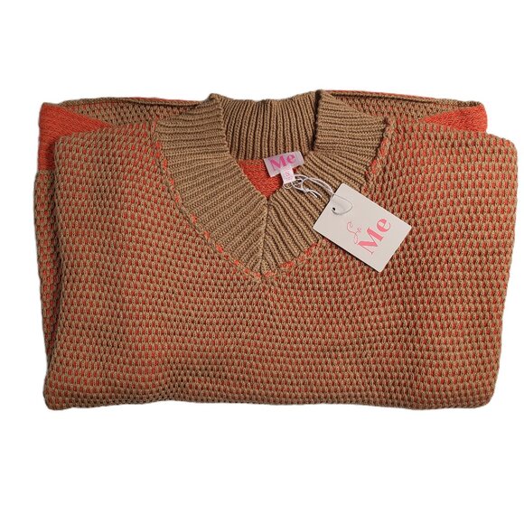 NWT Oversized Orange & Camel Knit Pullover Sweater With Collared Neckline Small - Picture 2 of 9